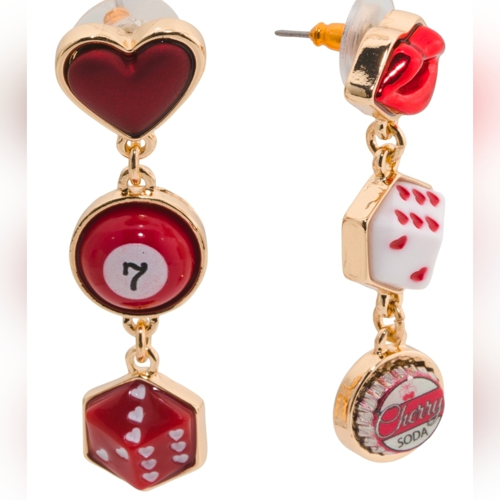 💕▪️Betsey Johnson ▪️Dice Heart, Lips  Cherry Cola Mismatch Linear Drop Earrings